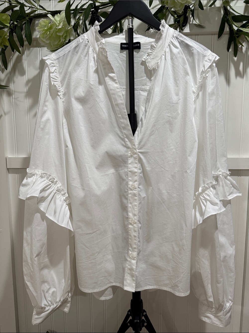 #786 GENERATION LOVE White Ruffle-Trim Button Down Blouse